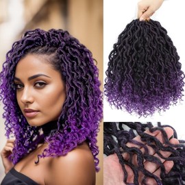 Purple River Locs Crochet Hair Black Women 8 Packs 10Inch Short Goddess Locs Crochet Hair Curly Faux Locs Hair Pre Looped Crochet Braids Hair Boho Hippie Locs Hair Extensions(#T1B/Purple 10inch)