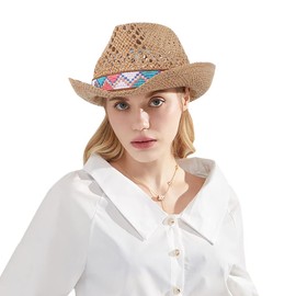 Straw Hat Unisex Summer Beach Hat UPF 50+ Sun Hat Beach Hat Hand Knitting Sun Hat with Fabric Band Straw Hat Foldable Summer Hat Breathable Sun Hat Straw Beach Outdoor Hat for Travel Holiday, khaki