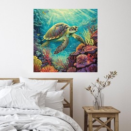 Nautical Beach Ocean Theme Underwater Turtle Doors Home Decor Wall Sticker Murals Under The Sea Octopus Crab Fish Self-Adhesive Home Decals for Teen Room Bedroom Restaurant Doors Vinyl 28in
