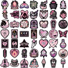 50PCS Goth Aesthetic Stickers,Vinyl Waterproof Witch Sticker Pack for Water Bottles Laptops Scrapbook Planner,Magic Fantasy Stickers,Kawaii Gothic Stickers for Kids Teens Adults Girls (Black Pink)