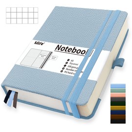 Mlife A5 Graph Paper Notebook,360 Pages Thickened Squared Notebook,Premium 100g/M² Ink Resistant Paper Thick,Pu Hard Cover Grid Notebook,Inside Pocket,Elastic Banded,Grid Paper for Diary(Light blue)