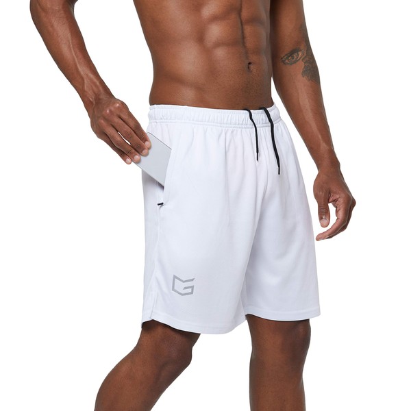 G Gradual Men's 7" Workout Running Shorts Quick Dry Lightweight Gym Shorts with Zip Pockets (White Medium)