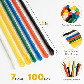 Lpaacat Snow Cone Spoon Straws 9'' Plastic Disposable Drinking Straws with Spoon for Smoothie, Milkshake, Shaved Ice, Snow Cone Cups, Individually Wrapped, 100 Pcs