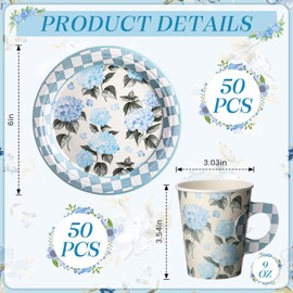 Rtteri 50 Sets Floral Tea Cups and Saucers Disposable Tea Party Decorations Blue White Hydrangea Paper Cups with Handles and Plates for Weddings Birthday Baby Shower Party
