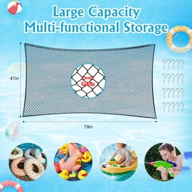 Extra Large Pool Toy Float Storage Net,79" X 47" Hanging Swimming Pool Toy Organizer with 20 Hooks Reinforced Mesh Net Poolside Fence Toys Net Holder for Inflatable Floats, Rafts, Balls, Pool Toys