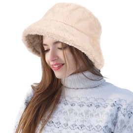 JUPSK Winter Warm Furry Bucket Hat, Faux Fur Hat Women's Fisherman Cap with Windproof Strap, Soft Plush Fluffy Hat Comfortable and Cozy Winter Accessory Beige