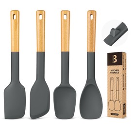 Silicone Spatula Spoon Set, Great for Mixing, Folding, Scraping, and Spreading, Sturdy BPA-Free Matte Silicone, Wooden Handle Rubber Spoonula for Nonstick Cookwares,4 Pack (GREY)