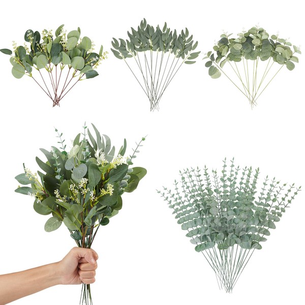 120 Pcs 4 Kinds Mixed Eucalyptus Leaves Stems Bulk Artificial