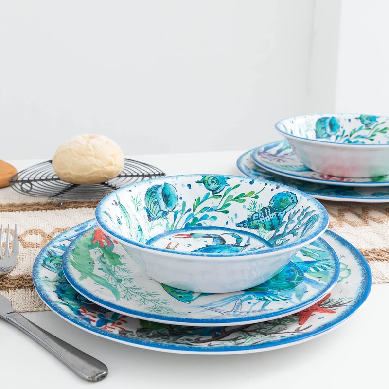 LEHAHA 12-Piece Melamine Beach Dinnerware Set, Coastal Plates and Bowls