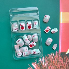24Pcs Christmas Press on Nails Short Square Fake Nails Cute Elk Red Green Snowflake False Nail Designs Stripe Glitter Acrylic Nails Winter Xmas Stick on Nails for Women DIY Christmas Nail Decoration
