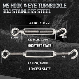 Qjaiune 3Pcs M5 Turnbuckle Hook & Eye Turnbuckles, 304 Stainless Steel Turnbuckle Adjustable Wire Rope Tensioner, Heavy Duty Turnbuckle for Cable Wire Rope Tension, Sun Shade, Tent Installation