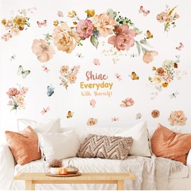 Large Peony Flower Wall Stickers Watercolor Floral Wall Decals Peel and Stick Inspirational Sticker for Girls Bedroom Vintage Flowers Butterflies Wall Art Mural for Kids Room Living Room Nursery Decor