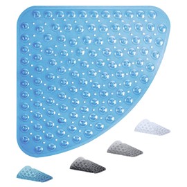 ADOV Corner Shower Mat, 54x54cm Curved Non Slip Anti-Mould Bath Mat, Quadrant Rubber Mat for Inside Shower Bathroom Floor, Machine Washable Sector Shower Mats with Strong Quick Dry Suction Cups- Blue