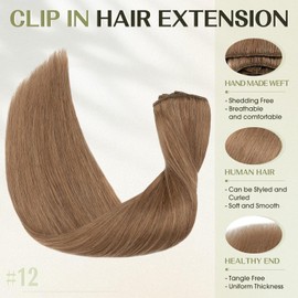 S-noilite 18 Inch Clip in Hair Extensions 100% Human Hair 8Pcs Normal Weft Full Head Clip on Remy Hair Extensions for Women Straight Golden Brown Clip in Hair Extension(70g,#12 Golden Brown)