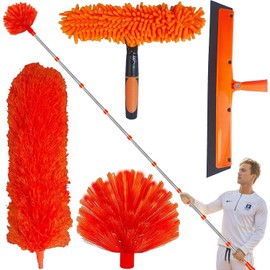 20+ Feet High Reach Duster Kit with 3-14 ft Extension Pole // High Ceiling Dusting and Window Cleaning Kit with Spliceable Pole - Window Washer & Squeegee, Cobweb Duster, Fan Blade and Feather Dusters