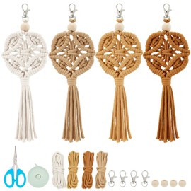 BEUNITONE 4 Set DIY Macrame Keychain Kits Vintage Diamond Pattern Macrame Cord Knotting Kit for Beginners Macrame Keychain Starter Kit with Instruction Key Rings for Car Bag Purse Phone Wallet Charm