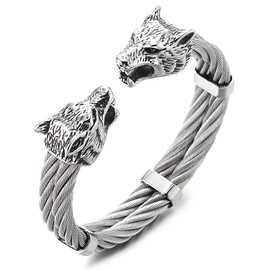 COOLSTEELANDBEYOND Men Stainless Steel Wolf Heads Two-Row Twisted Cable Cuff Bangle Bracelet, Adjustable(CA)