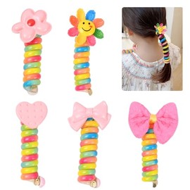 Pack of 5 Colourful Spiral Hair Bobbles Ponytail Braids, Colourful Telephone Wire Hair Bands for Children, Bow Braided Phone Wire Hair Bands, Elastic Hair Band for Girls and Women
