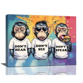 Funny Graffiti Monkey Canvas Wall Art Banksy Chimpanzee Wall Decor Room Decor for Teen Boys Men Cool Monkey Pop Art Modern Artwork Home Decorations for Office Bedroom Kitchen Living Room Framed 16"x12"
