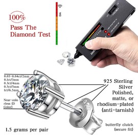 Handi Queen Moissanite Stud Earrings for Women, 925 Sterling Silver Stud for Men, 18K White Gold Plated, 1CT 6.5mm Round Cut, D Color VVS1