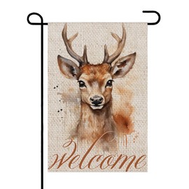 TopPacific Linen Deer Welcome Garden Flag 12x18 Inch Double Sided Outside, Spring Summer Autumn Winter Seasonal Thanksgiving Christmas Yard Outdoor Decorative Flag Yard Flag（7105）