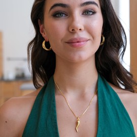 Aurelia Mae Rhodium Plated Medium Cornicello Italian Horn Pepper Necklace Charm Pendant 18''+2'', Brass, No Gemstone