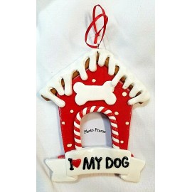 RAZ Imports I LOVE MY DOG HOUSE WITH BONE PICTURE FRAME RED CHRISTMAS ORNAMENT NWT