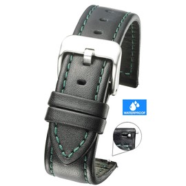 Genuine waterproof leather watch band with quick release spring bars - black leather watch strap 18mm - green stitching