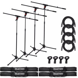 Clutch Pro Audio DJ Microphone Boom Stands w Black XLR Cables, Clips & Bags 4 Pack