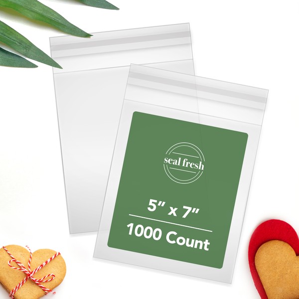 Seal Fresh Self Sealing Cellophane Bags - 5" x 7" (1000 Count) - Clear Plastic Resealable Cello Bag - Cellophane Treat Bags, Cookie Bags for Packaging, Candy bags, Cello Bags, Pastry Bags