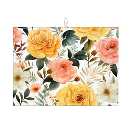 Flowers Dish Drying Mat for Kitchen Counter Florals Large 18x24in Absorbent Drainer Dry Pad for Coffee Bar Decor