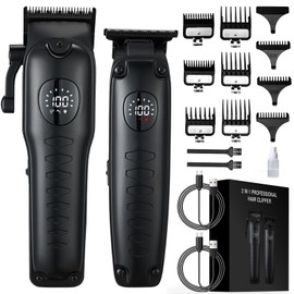 Oneyus 2 in 1 Profi Haarschneidemaschine Set, Clipper Haarschneider Herren Kabelloses, Barttrimmer Haartrimmer LED Anzeige Langhaarschneider mit 9 Führungskämmen Präzisionstrimmer Set - Schwarz