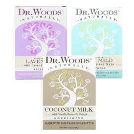 Dr. Woods Natural Bar Soap - Lavender & Lavender Flowers, Vanilla Bean & Coconut Milk, Unscented Baby Mild, Bundle Pack of 3