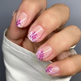 Pink Press on Nails Short Summer Fake Nails Square Flowers Glue on Nails Cute Translucent Acrylic Nails Lavender Artificial Glossy Stick on Nails for Women 24 Pcs