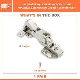 TOUCH 165° Degree 3/8" HALF Overlay Lazy Susan Corner SOFT Close Cabinet Hinge H-Q - Frameless 3D, 1 Pair (2 Pcs)