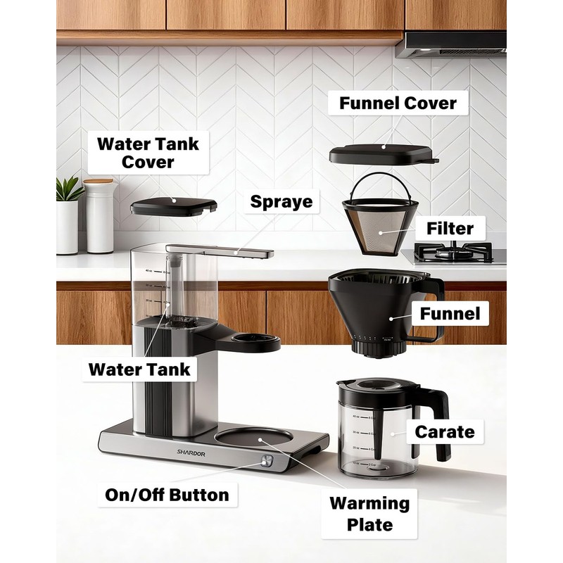 SHARDOR 8-Cup Drip Coffee Maker with Reusable Filter and Glass