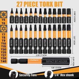 MulWark Torx Security Bit Set 27 Piece (T5-TT40) 2" & 1" Precision Torx Bit Set with Smooth Edges - 1/4" Hex Shank Tamper Proof Star Bits with 3" Magnetic Bit Holder
