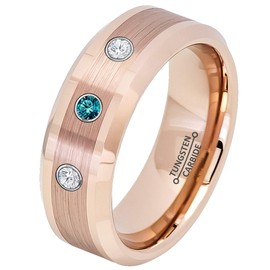 0.21ct Blue and White Diamond 3-Stone Tungsten Ring - April Birthstone - 8MM Rose Gold Ion-plated Brushed Finish Stripe Center Beveled Edge Comfort Fit Unisex Wedding Anniversary Band -9.5