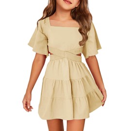 Batermoon Girls Summer Dress Square Neck Short Sleeve Crossover Waist Casual A-line Mini Dress Beige