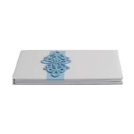 White Satin Wedding Guest Book and Pen Set with a Teal Scroll Design