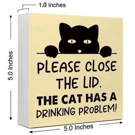 LVQHI Funny Bathroom Wood Block Signs,Please Close the Lid the Cat Has A Drinking Problem Wooden Box Sign for Bathroom Shelf Toilet Restroom Home Tabletop Desk Decor,Rustic Bathroom Sign Decor Yellow