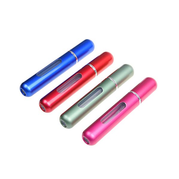 Kare & Kind 4x Mini Perfume Atomizer Bottles - Refillable Pump Spray Cases - Stainless Outer Shell with Transparent Glass Vial - For Perfumes, Body Sprays, Facial Mists, Oils - (Green/Blue/Pink/Red)