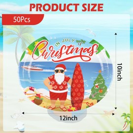 50Pcs Christmas in July Party Decorations Oval Plates Summer Tropical Hawaiian Christmas Santa Beach Paper Plates for Christmas in July Beach Pool Party Supplies,Serves 50(10 * 12inch)