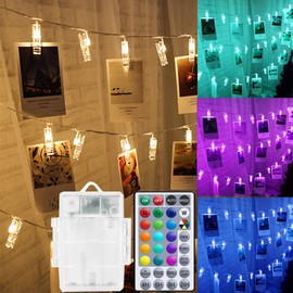 Solhice Cadena de luces con clips de fotos que cambian de color, funciona con pilas, 10 pies, 20 luces LED RGB para colgar fotos de pared para decoración de habitación de adolescentes, luces de recámara interiores con control remoto, regalos para niñas a