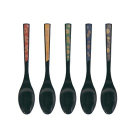 Taiwa Spoon, Plastic, Aizu Lacquer, Black, Set of 5, 5 Colors x 1 Each, Coffee Spoon, Modern Arrangement with Auspicious Patterns, Gift, Gift, Made in Japan Silky Spoon SS-2