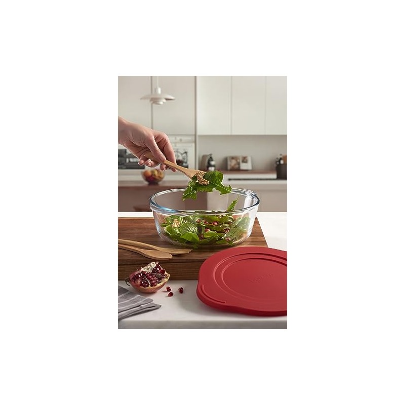 Pasabahce Borcam Plastic Red Lid Round Transparent Casserole Dish 1.45