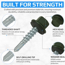 4.8 mm x 25 mm Roofing Screws, Hex Head Self-drilling Color (RAL 6020 Chrome Green) Roof Screws With EPDM Sealed Washer, Rust Proof Zinc Plated Hardened Coarse Threads Screw for Outdoor Use (50 pcs)