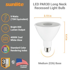 Sunlite LED PAR30 Long Neck Recessed Light Bulb, 9 Watt, (75W EQ), 850 Lm, Medium E26 Base, Dimmable, UL Listed, 35 Degrees Beam Angle, 4000K Cool White, 6 Pack