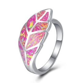 GW Fashion 925 Sterling Silver White/Blue/Red Opal Ring Inlay Rings Band Ring for Women (Red Leaf, 7)