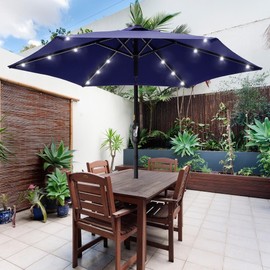 7.5 Ft Crank Lift & Push Button Tilt Mechanism Outdoor Patio Table Umbrella with Solar Lights | Navy Indigo blue Adjustable Angle Powder-Coated Steel Frame All Weather UV Fade Water Proof